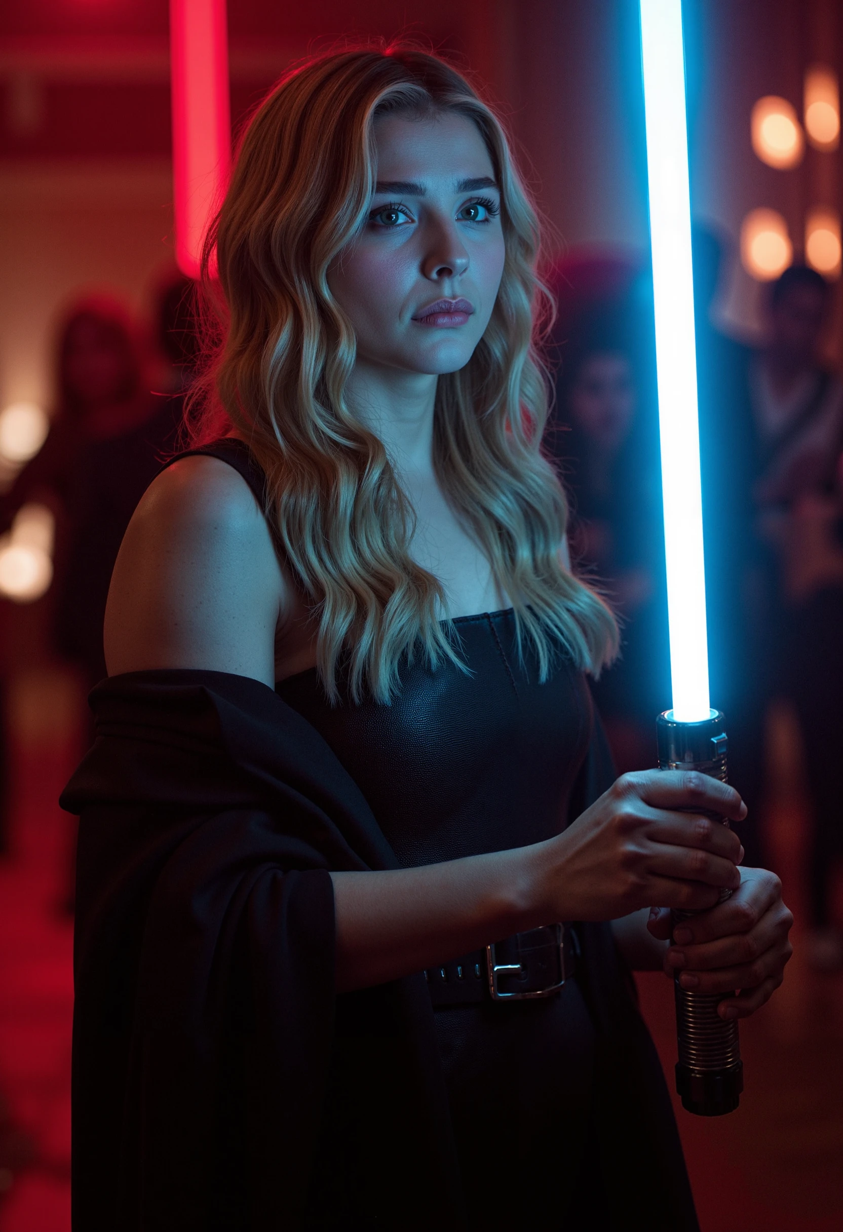 a stunning female jedi knight chloegracemoretz, waving a light sabre and attending a highschool ball