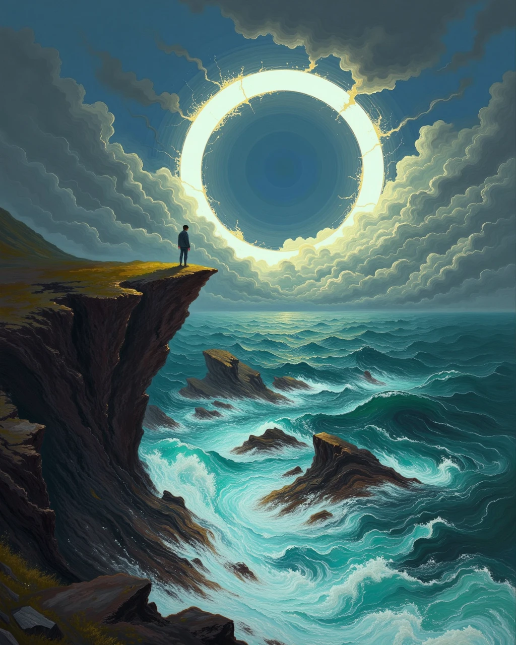 DB4RZ style painting, large ring of light in the sky with dark clouds surrounding the ring, a lone figure standing on a cliff edge, there are turbulent waters below the cliff with lots of rock formations spread across the sea