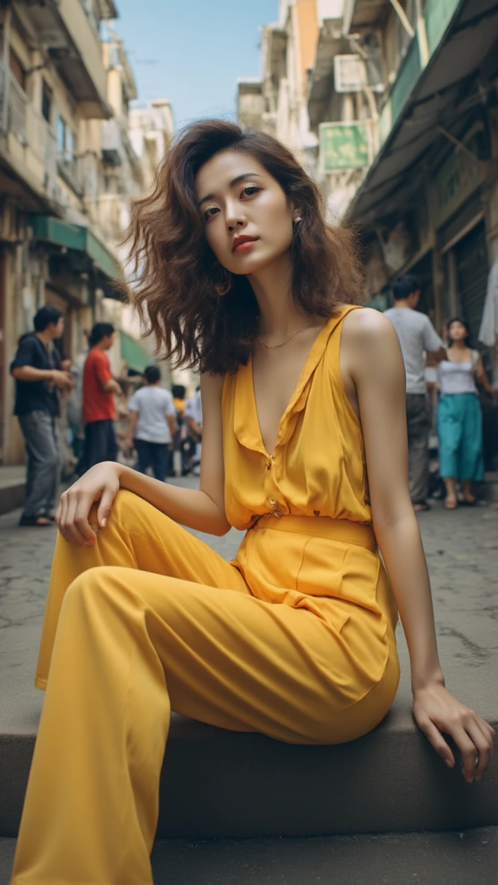 A woman in a yellow outfit is sitting on a step in a street., A woman in a yellow outfit is sitting on a step in a street.