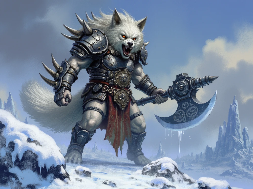 snmngsnr style painting, vivid fantasy-themed artwork featuring a menacing werewolf creature in a snowy icy environment. The creature is adorned in intricately designed armor in shades of black and silver with ornate patterns and symbols and bone-like structure. Shoulder pads with massive horned animal skulls, It wields large icy-looking battle axe and poised in a defensive stance ready for combat. The wolf's fur is a mix of white and gray and its eyes glow with a fierce intensity. The background is a blend of cool blues and whites with jagged ice formations and a cloudy sky suggesting a cold possibly winter setting, <lora:SXZ_Sanmingsnari_Flux:1>