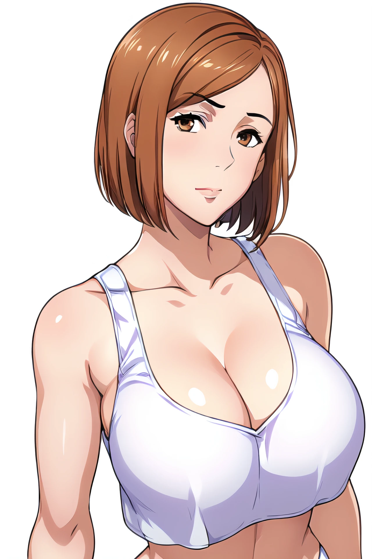 Simple Background,White_Background,
dynamic pose,standing at attention,
white sports bra top, bare shoulders, collarbone, cleavage, panties, cameltoe,bare arms, navel,
<lora:Kugisaki_Nobara_Jujutsu-KK77-V1:0.7>,Kugisaki_Nobara_Jujutsu,kugisaki nobara, 
brown eyes, brown hair,bangs, bob cut,Makeup, red lipstick, 
<lora:more_details:0.1>,<lora:NovelAI_YesMix5_KKStyle-KK77-Yes5-V1:0.3>,<lora:Oda_Non_Style2-KK77-Yes5-V1:0.3>,
1 girl, 20yo,Young female,Beautiful long legs,Beautiful body,
Beautiful Nose,Beautiful character design, perfect eyes, perfect face,expressive eyes,perfect balance,
looking at viewer,(Focus on her face),closed mouth, (innocent_big_eyes:1.0),(Light_Smile:0.3),
official art,extremely detailed CG unity 8k wallpaper, perfect lighting,Colorful, Bright_Front_face_Lighting,White skin,
(masterpiece:1.0),(best_quality:1.0), ultra high res,4K,ultra-detailed,
photography, 8K, HDR, highres, absurdres:1.2, Kodak portra 400, film grain, blurry background, bokeh:1.2, lens flare, (vibrant_color:1.2),professional photograph,
(Beautiful,large_Breasts:1.4), (beautiful_face:1.5),(narrow_waist),