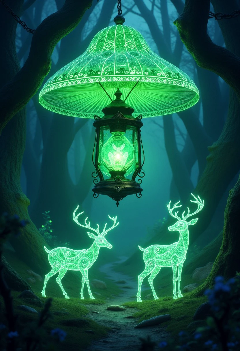 A glowing green lantern with an intense, emerald light, hanging from a giant mushroom in a fantastical, bioluminescent forest, with a glowing spirit deer grazing below.