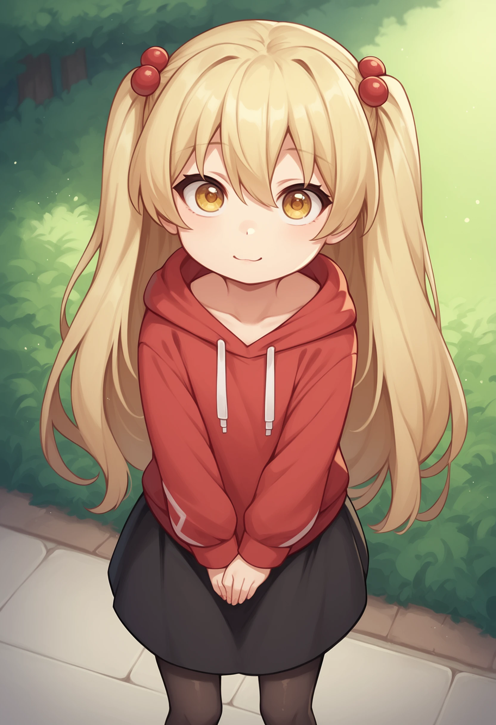 zPDXL2, score_9, score_8_up, score_7_up, park
1girl, solo, <lora:HimekiPONY:1>, Himeki, , blond hair, long hair, twin tail, golden eyes
red hoodie, black skirt, black pantyhose,