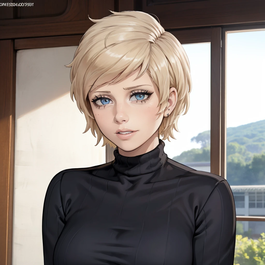 Best_QualityPos, RAW photo, intricate details, best quality, 8k uhd, soft lighting, 1girl, solo, makenna, short hair, blonde hair, blue eyes, black turtleneck sweater <lora:Makenna_Blue:0.7>