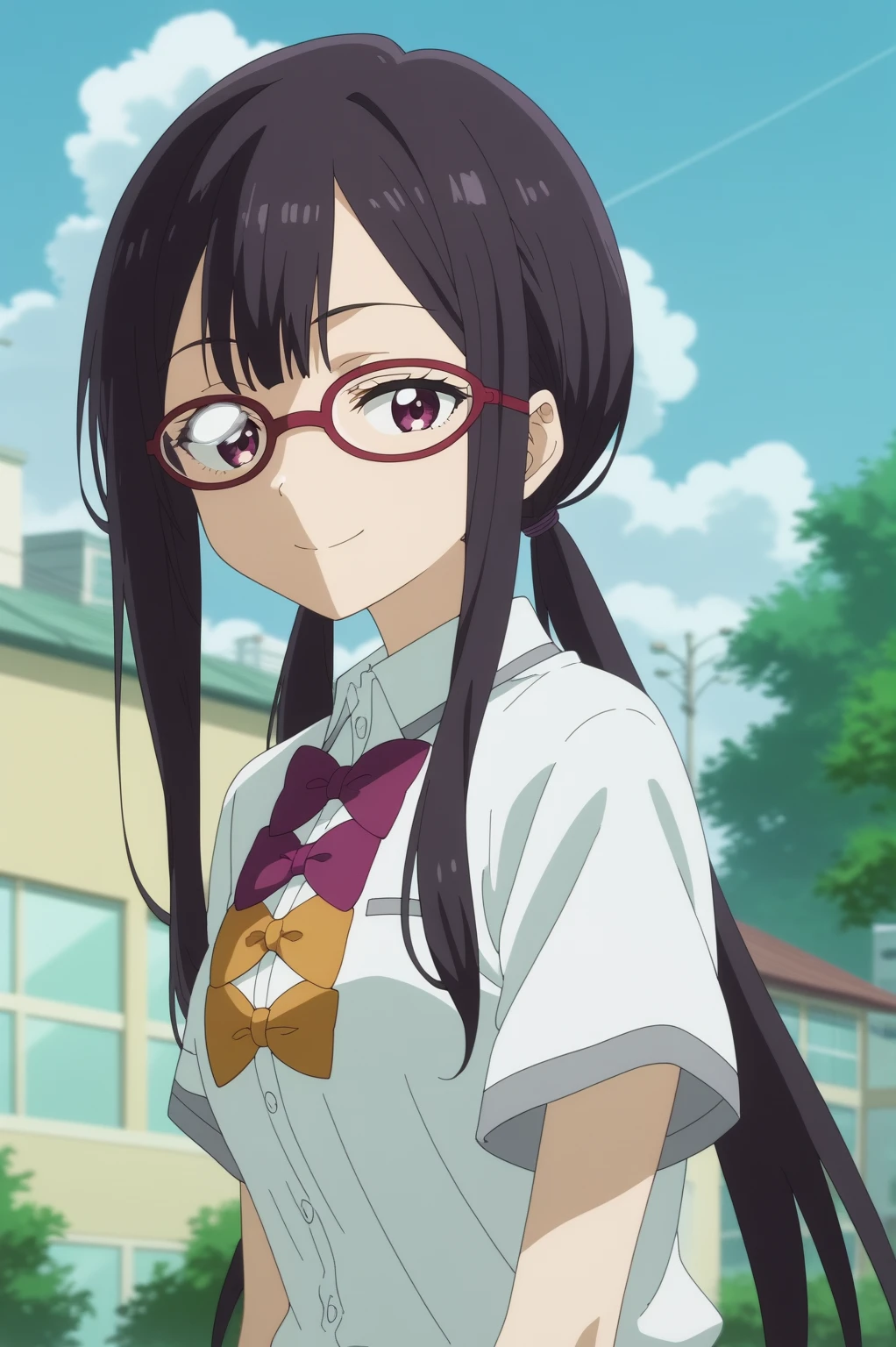 koto tsukinoki,anime screencap,1girl,solo,shirt,red bow,bow,long hair,glasses,white shirt,short hair,hair over one eye,school roof,outdoors,sky, looking at viewer,smile <lora:Koto_Tsukinoki - PDXL2.safetensors:0.8>