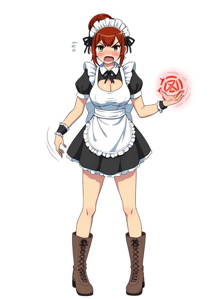 zekel style, masterpiece, best quality, simple background, white background, 1girl, solo, breasts, blush, short hair, open mouth, large breasts, brown hair, cleavage, full body, red hair, boots, apron, maid, maid headdress, flying sweatdrops, single hair bun, maid apron, pain symbols, holding, holding spanking implement, holding belt, belt, angry, looking at viewer