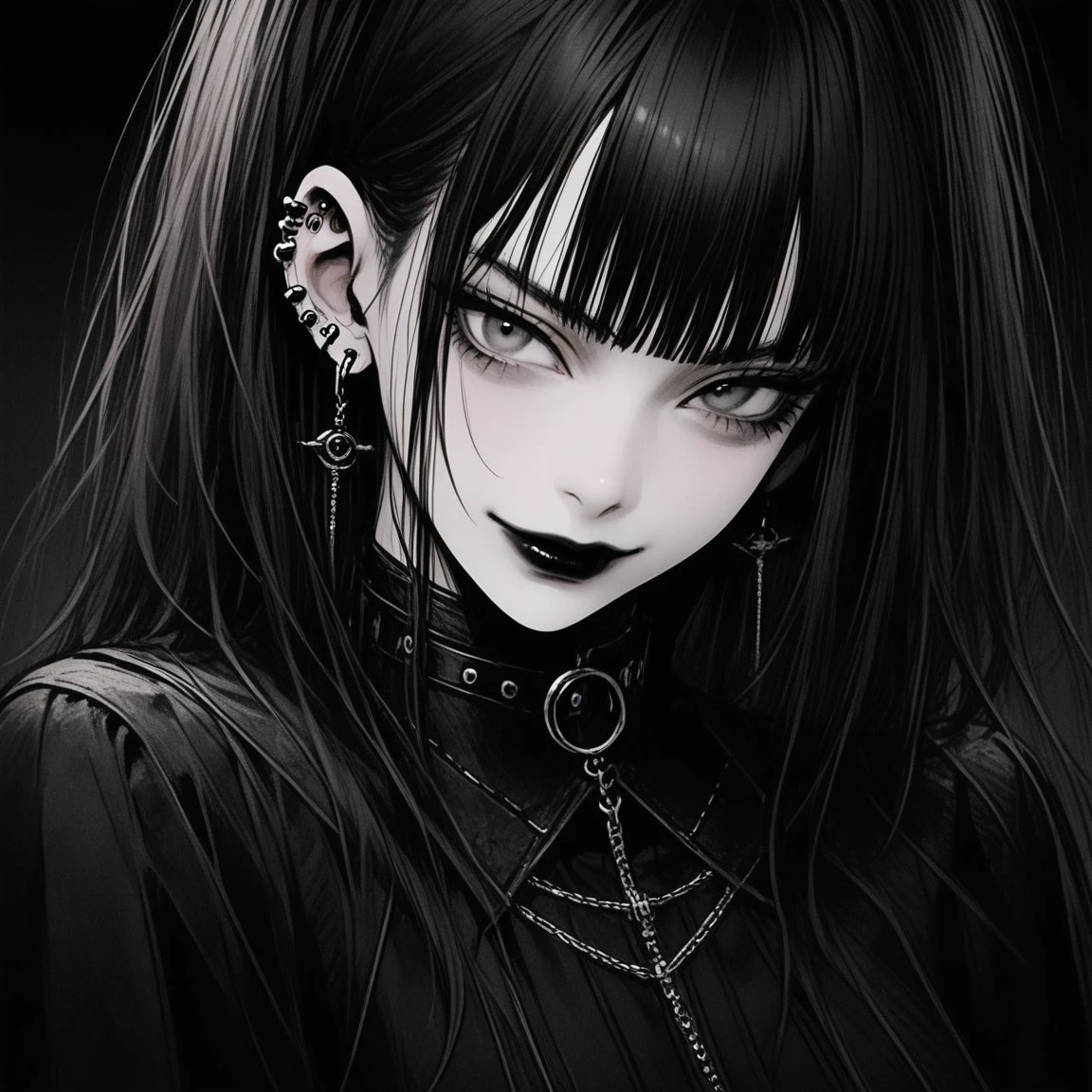 1girl, gothic, black and white, cute face ,dark lipstick, eyeliner, ear piercings, dark clothing, fine details <lora:gothic:0.8>