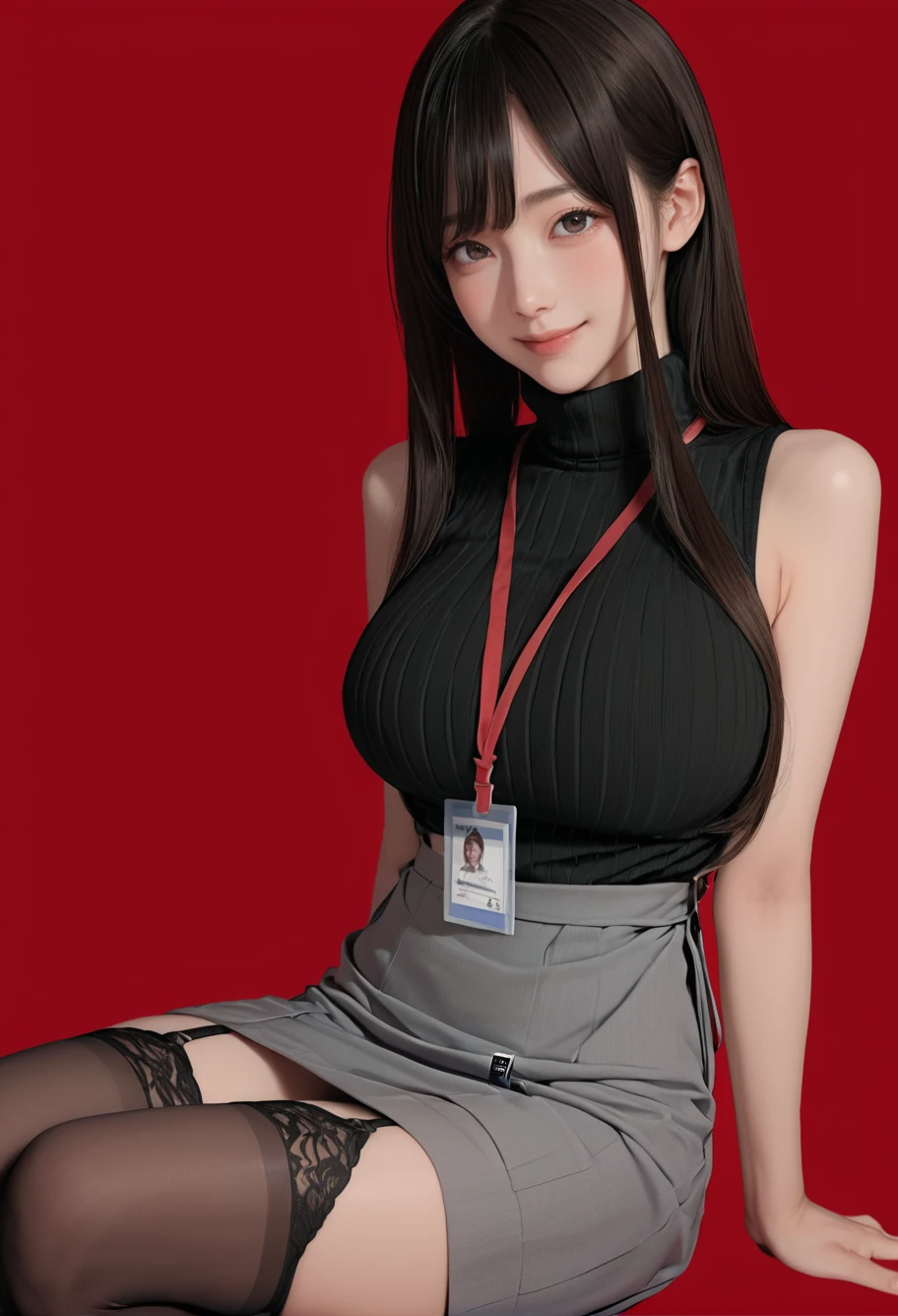 1girl,solo,red background,,ruanyi0897,black thighhighs,garter straps,turtleneck,id card,lanyard,sleeveless,grey skirt,<lora:0897 Home wear 3_v1_pony:1>, score_9, score_8_up, score_7_up, score_6_up, score_9, score_8_up, score_7_up, score_6_up source_anime, blush, 1girl, seduce smile, perfect body , natural huge breasts