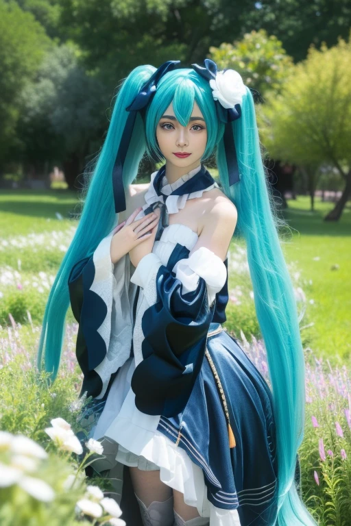 ltra-detailed,highly detailed,best quality,masterpiece,illustration, drawing, realistic, photorealistic,
miku, wangyuelifu, hatsune miku, 1girl, solo, cosplay, aqua eyes,
detached collar, bare shoulders, strapless dress, thighhighs,
detached sleeves, long sleeves, wide sleeves, puffy sleeves, frilled sleeves,
ribbon, bow,
bangs, twintails, very long hair, aqua hair, hair between eyes, hair ornament, hair ribbon,
looking at viewer, standing, own hands together, cowboy shot,
photo background, outdoors, field, flower, grass, day, flower field,
<lora:miku_wangyuelifu_v1_08:0.8>