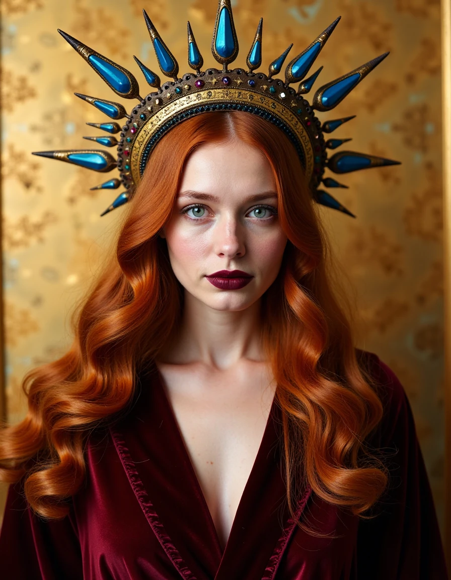 portrait of a regal woman with long, wavy auburn hair draped over her shoulders. She has a fair complexion with striking green eyes and full lips painted a deep burgundy. Her expression is serene, with a touch of melancholy. She is dressed in a luxurious velvet robe in a rich burgundy shade that complements her hair. Adorning her head is an ornate halo-like headpiece, radiating spikes embellished with intricate filigree patterns and embedded with an array of gemstones that catch the light. The background should be a textured, old gold leaf wall that adds an antique charm to the composition, making the subject appear as if she is a part of a Renaissance painting, raw,realistic