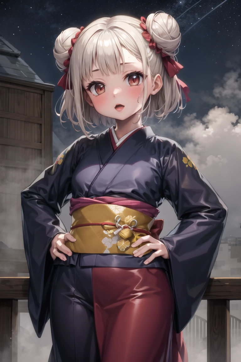 (masterpiece, best quality:1.2), 1girl, solo, cowboy shot,
on top of a building, at night, (heavy fog:1.3) and bright stars,
wearing a kimono,  hands on hips, 
lipstick, eyeshadow, (short hair:1.1), (double bun hair:1.1), (oily skin:1.1), 
<lora:lambda-10:0.8:lbw=ALL>