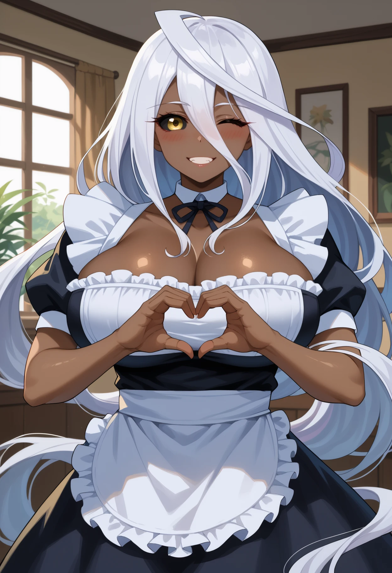 score_9,score_7_up,1girl,jelodppl,huge breasts,dark-skinned female,colored sclera,black sclera,yellow eyes,white hair,ahoge,prehensile hair,hair between eyes,very long hair,indoors,maid,heart hands,one eye closed,light smile,blush<segment:yolo-Anzhc Face seg 640 v2 y8n.pt,0.4,0.3//cid=1><segment:yolo-Anzhc Breasts Seg v1 1024m.pt,0.4,0.3//cid=2>