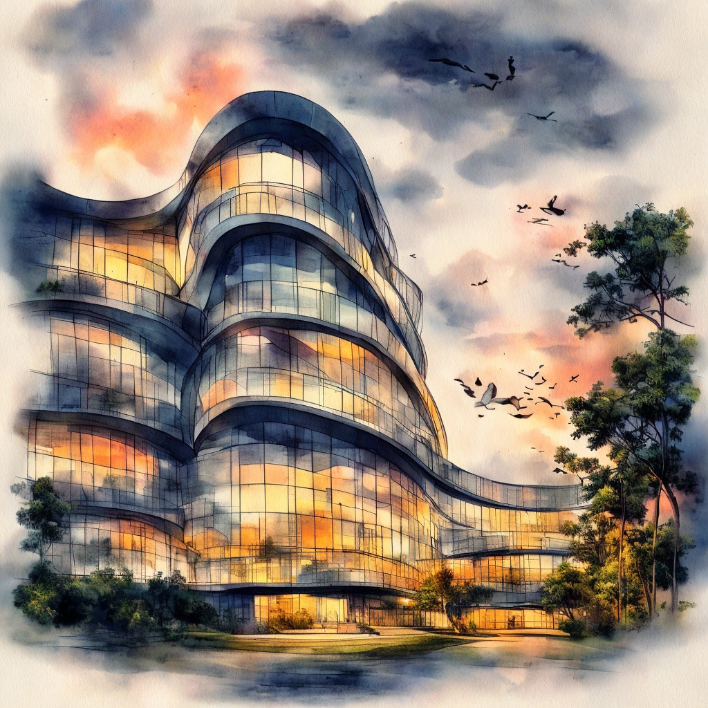 modern architecture curved building , clouds, birds, architecture watercolor sketches style, warm tone, night scene, warm light from the windows.<lora:watercolor:1>