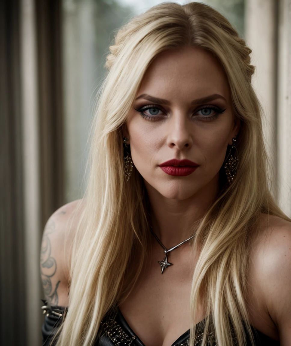 cinematic film still <lora:quiron_lauraGuldemond_v030430_Lora:0.77> lauraguldemondquiron, 1girl, solo, blonde hair, long hair, realistic, jewelry, looking at viewer, earrings, blue eyes, tattoo, lips, lipstick, , MakeUp,, , . shallow depth of field, vignette, highly detailed, high budget Hollywood , bokeh, cinemascope, moody, epic, gorgeous, film grain, grainy