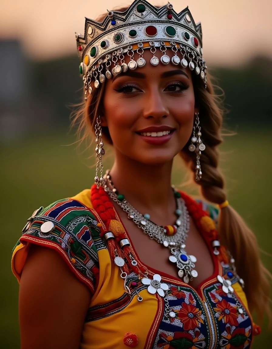 a woman in traditional outfit, Cricket, at Dusk, womanly, indigenous, <lora:Tasfift_Flux.safetensors:1> adrr-tsfft, very coherent, pure, elaborate, winning, vibrant, glowing, cinematic, excellent composition, stunning