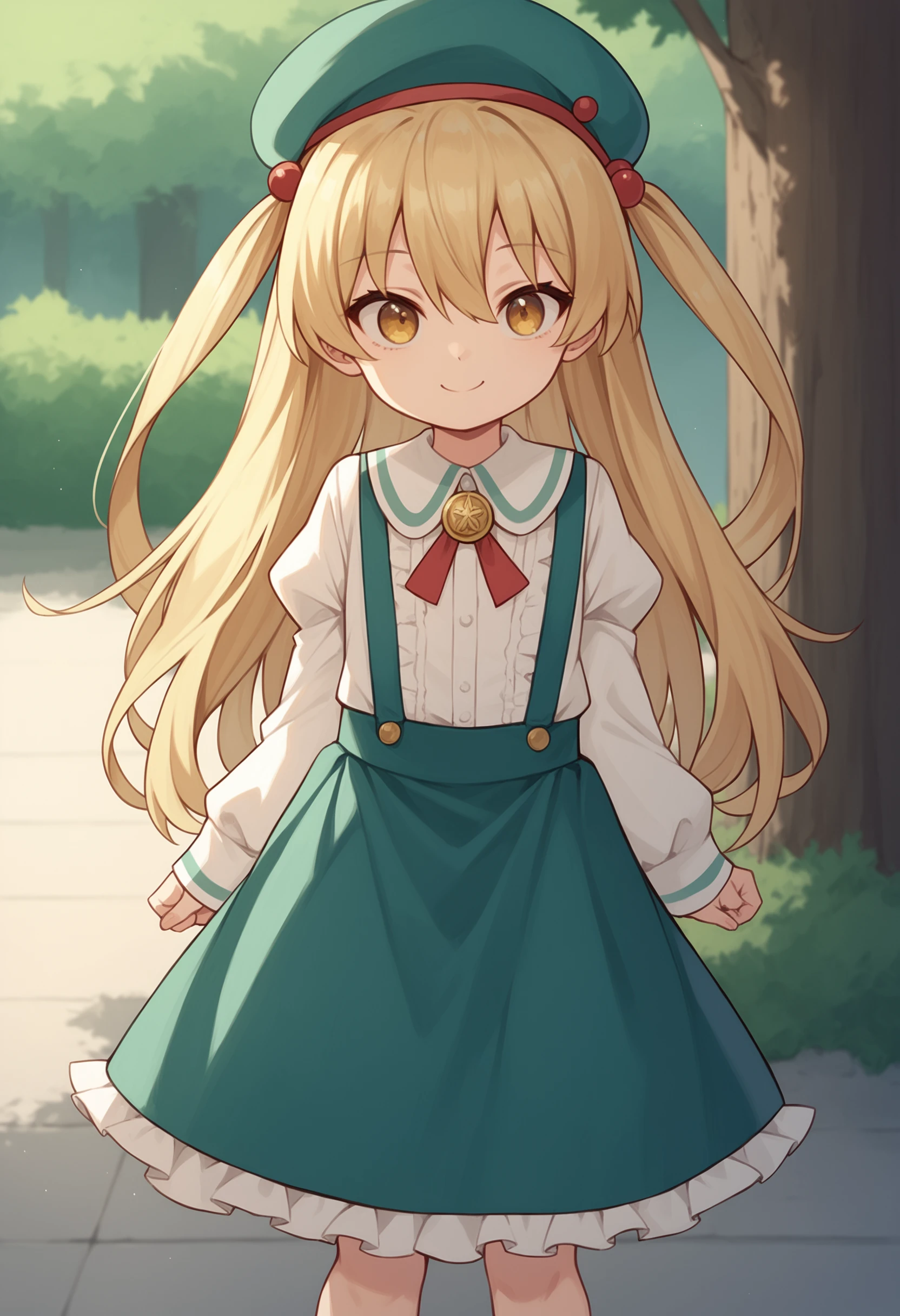 zPDXL2, score_9, score_8_up, score_7_up, park
1girl, solo, <lora:HimekiPONY:1>, Himeki, child, blond hair, long hair, twin tail, golden eyes
school uniform, collared shirt, neck ribbon, gold brooch, suspender, green skirt, long sleeves, puffy sleeves, frills, green beret
smile, closed mouth,