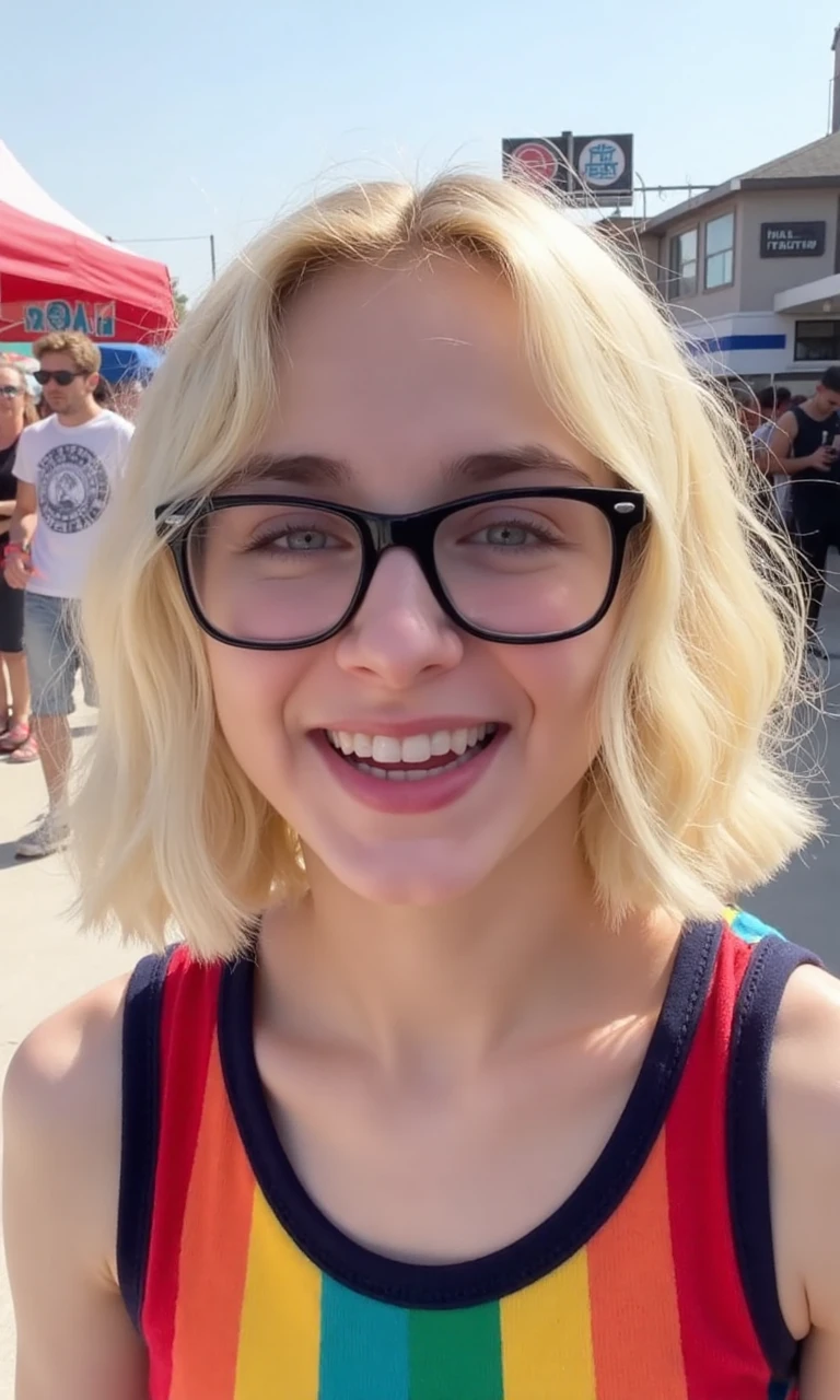 <lora:AnalesaFlux:1> <lora:amateurphotov2:0.5> a young woman with short wavy bleached white-blonde hair, blue eyes, black-framed glasses, pale skin,
selfie, smile showing teeth, wearing a rainbow tank top, at a street fair on a sunny day in Los Angeles