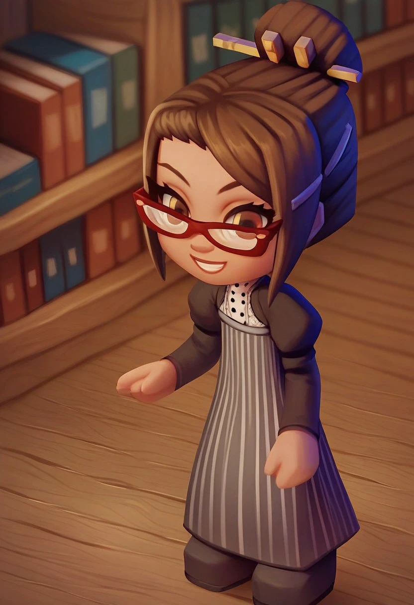 score_9_up, score_8_up, score_7_up, score_6_up, 1girl, solo, elmira_clamp, red-framed eyewear, striped dress, puffy sleeves, single hair bun, hair ornament, chibi, adult, brown eyes, hair stick, in a library, smile, (painted art)