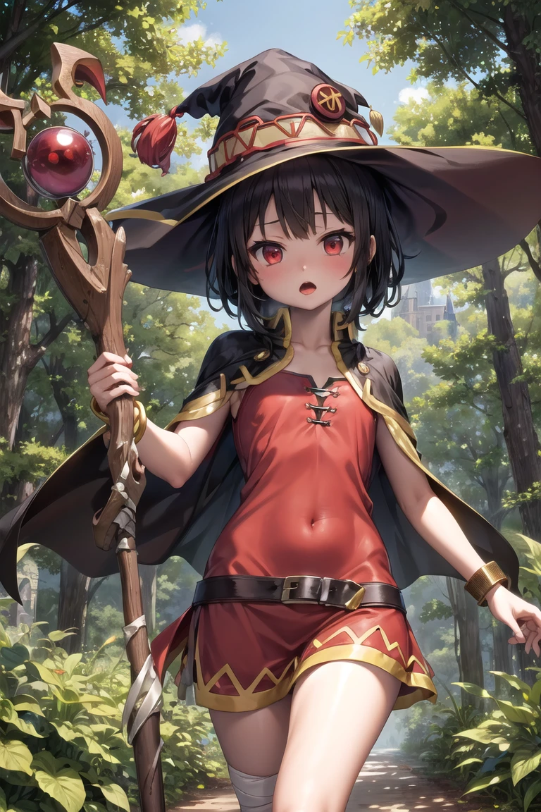 (masterpiece, best quality:1.3), (colorful), 
(beautiful and aesthetic:1.2), (detailed background:1.5), (forest with castle on the horizon:1.2),
1girl, solo, looking at viewer, short hair, open mouth, black hair, red eyes, small breasts, cape, red clothes, bracelet, witch hat, (bandaged leg:1.05), megumin,
(long staff:1.2), (casting spell:1.1),
<lora:lambda-10:0.8:lbw=ALL>