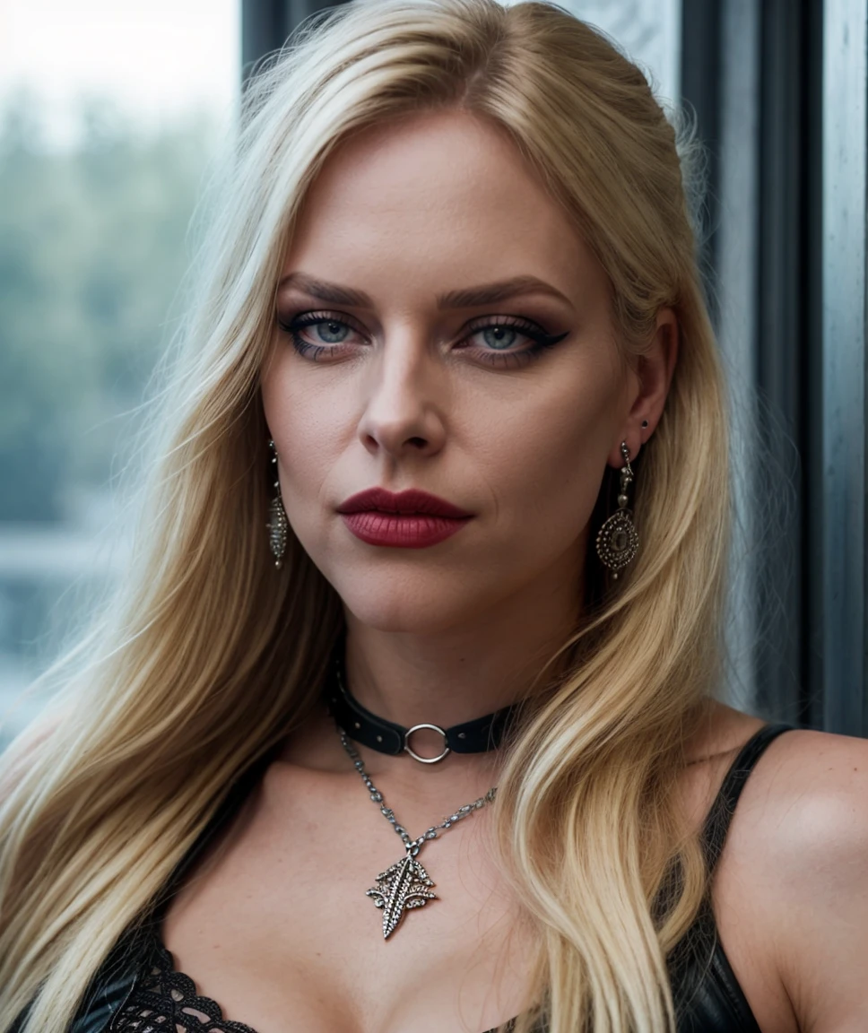 cinematic film still <lora:quiron_lauraGuldemond_v030430_Lora:0.77> lauraguldemondquiron, 1girl, solo, blonde hair, long hair, realistic, jewelry, looking at viewer, earrings, blue eyes, tattoo, lips, lipstick, , MakeUp,, , . shallow depth of field, vignette, highly detailed, high budget Hollywood , bokeh, cinemascope, moody, epic, gorgeous, film grain, grainy