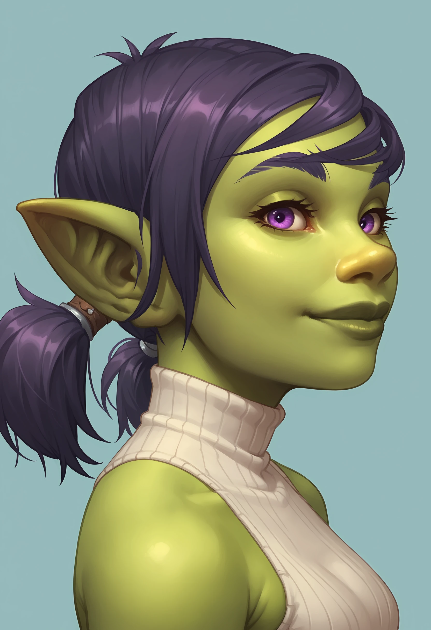 score_9, score_8_up, score_7_up, score_6_up, score_5_up, score_4_up,  1girl, solo, green skin, colored skin, pointy ears, goblin, twintails, short twintails, purple hair, purple eyes, (face focus:1), close-up, lips, smile, wearing a white turtleneck, from side, looking at viewer, <lora:LuxieGoblinWOW:0.75>
light blue background, simple background