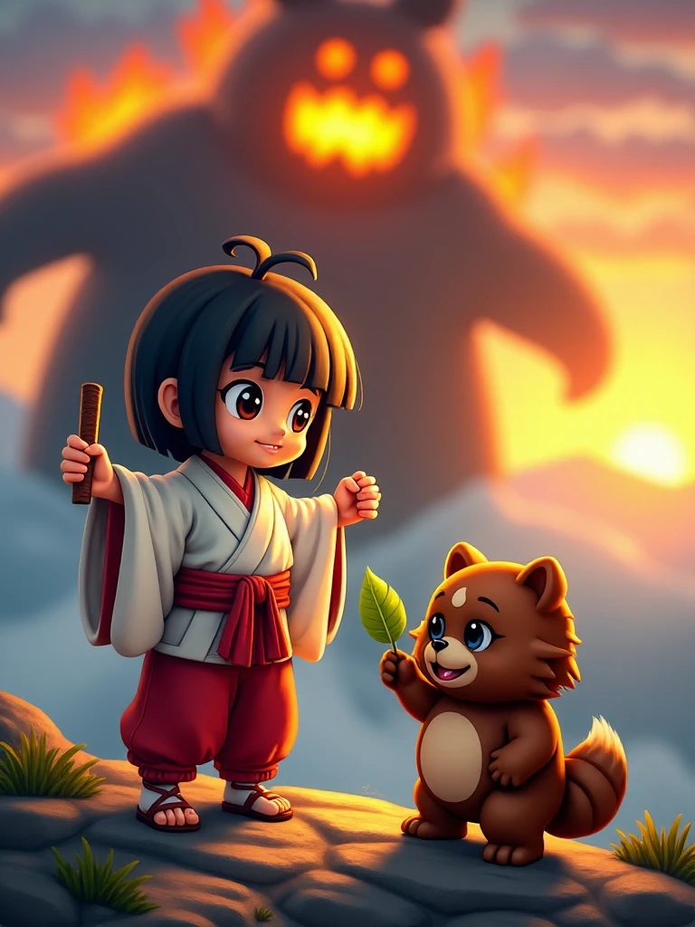 hyperrealistic art <lora:Pocky_and_Rocky_-_SNES_-_Characters:0.9>PockySNES_and_RockySNES, 1girl, 1raccoon_dog, black hair, brown fur, white robe, baggy red pants, sandals, feet, socks, Standing victorious on a mountaintop after defeating a massive, fire-breathing oni. PockySNES holds her gohei high, its energy dissipating after the final strike, while RockySNES looks on with a satisfied grin, holding up a leaf as a token of their triumph. The dawn breaks in the background, casting a golden light over the scene as they prepare for the next leg of their adventure. . extremely high-resolution details, photographic, realism pushed to extreme, fine texture, incredibly lifelike