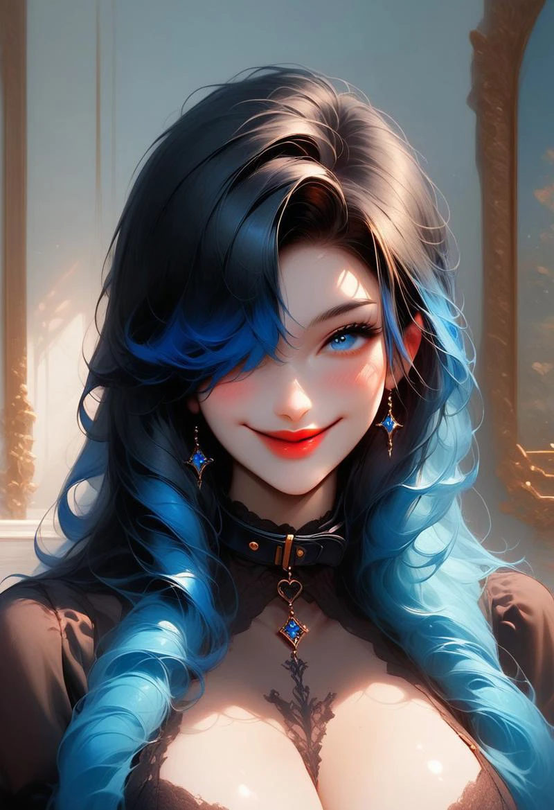 score_9, score_8_up, score_7_up, rating_safe,
GotExpressCinematic,
1girl, solo, long hair, breasts, looking at viewer, blush, smile, bangs, blue eyes, large breasts, black hair, closed dress, gloves, dress, closed mouth, blue hair, upper body, multicolored hair, elbow gloves, hair over one eye, collar, lips, gradient hair, red lips,