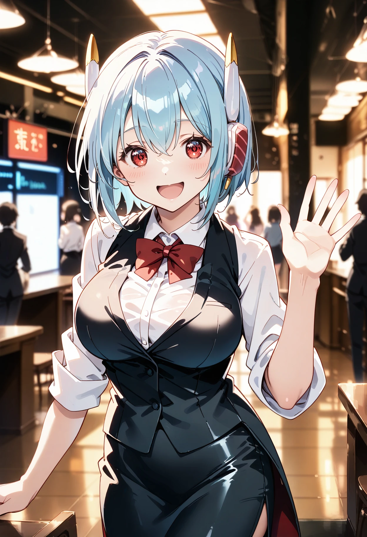 1girl,solo,
income_ko,short hair,blue hair,red eyes,robot ears,red bowtie,vest,white shirt,sleeves rolled up,large breasts,pencil skirt,black skirt,tailcoat,
smile,open mouth,blush,
waving,waving hand,open hands,
blurred background,
<lora:income_ko_pony:1>,(masterpiece,best quality,highres,ultra detailed,extremely detailed face,perfect lighting,beautiful skin,shiny hair,shiny eyes,eyelashes,detailed eyes),