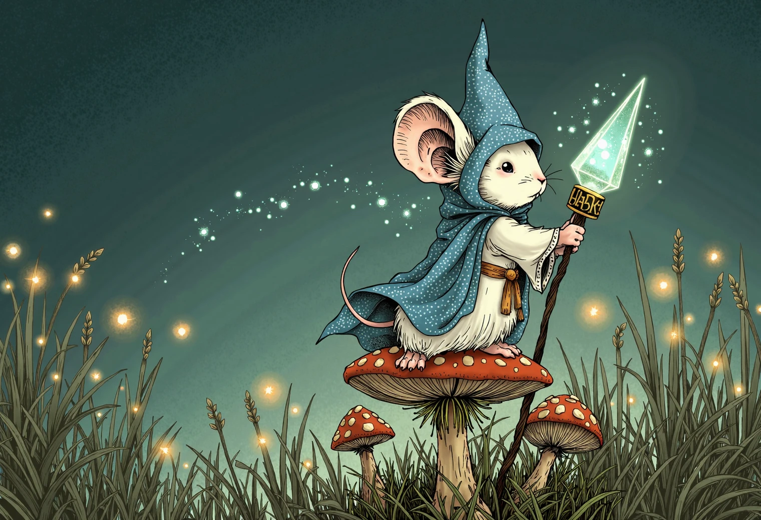 Storybook illustration style with fine line work, muted earthy tones, detailed textures, stylized characters, and soft atmospheric shading, a male white mouseguard mouse, dressed as a wizard in flowing robes, holding a staff with a glowing crystal, perched on a small toadstool in a lush meadow, with tiny fireflies illuminating the evening air.
