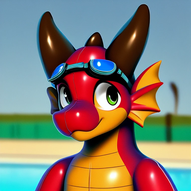 (plinflatable:1.2), (draw over:1.2), (glossy:1.2), solo, dragon wearing swim goggles, bust portrait, close up, swimming pool