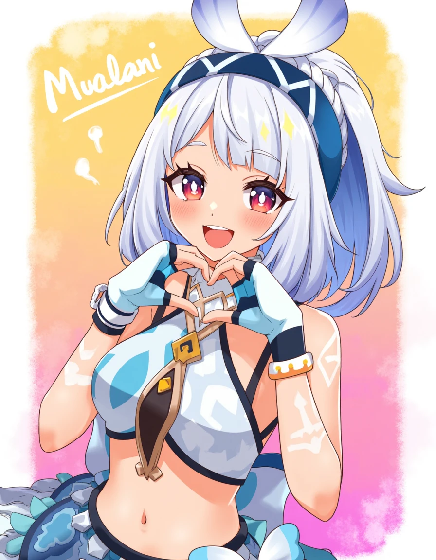 Mualani from Genshin Impact. This is a digital drawing in an anime style, featuring a young female character with a playful and energetic expression. She has light grey hair with white tips, styled in a bob cut with a small braid at the back. Her eyes are large and expressive, with a light pink hue. She wears a blue and white headband with a star motif, and a matching blue and white outfit adorned with intricate patterns and symbols. Her outfit includes a sleeveless top with a deep V-neck, revealing her midriff, and a matching blue and white skirt. Her hands are raised near her face, fingers forming a heart shape, adding to her cheerful demeanor. She also wears fingerless gloves with blue and white stripes, and a blue and white choker with a star pendant. There are white tribal markings on her arms and chest, adding to her exotic appearance. The background is a gradient of yellow and pink, with abstract shapes resembling clouds or flowers, giving a whimsical and dreamy feel to the image. The overall style is vibrant and colorful, typical of modern anime art. The text “Mualani” is on top.
<lora:mualani_genshin_impact_flux_v1:0.8>