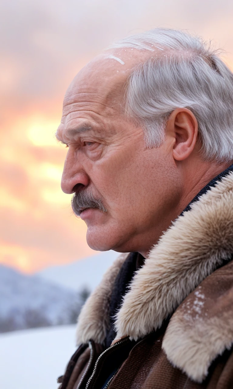 from side,upper body,looking_at_sky,solo,(detailed face),solo,score_9, score_8_up, score_7_up, 1boy,lukashenko,grey-hair,moustache,solo,old,old man,aged_up,dark color cotton jacket,winter,snow,outdoor