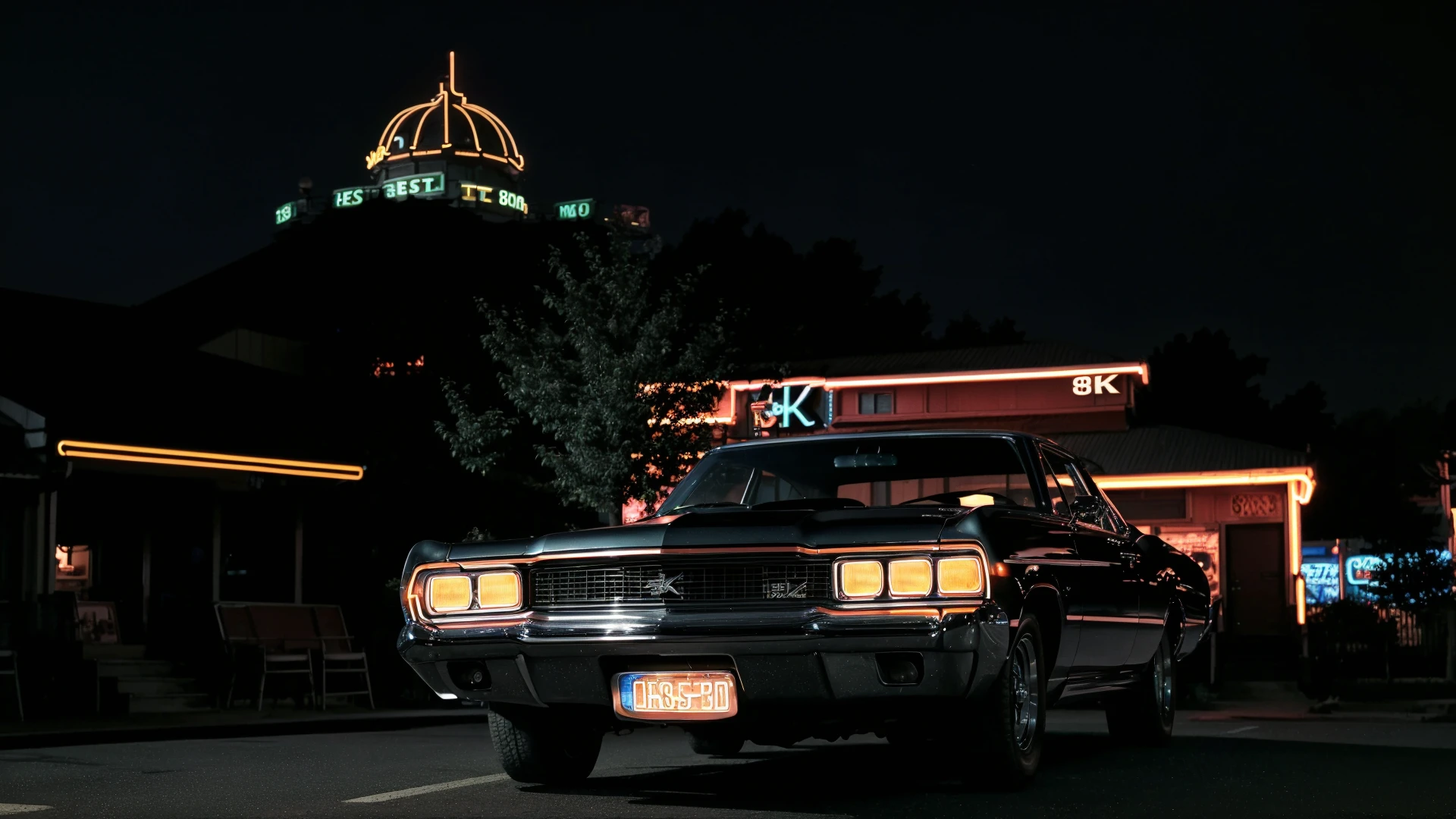 muscle car,road,tree,(bar),building,scenery,outdoors,(night),(no humans),(retro style),(high contrast),(dark tones),dim lighting,(neon light),(realistic),(from below),Highly detailed,(ultra-detailed),(8k,best quality,huge filesize,masterpiece:1.5),