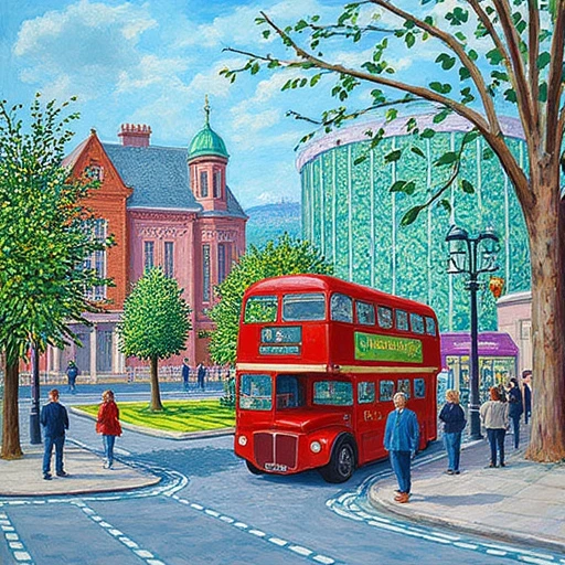 Create an image of a bustling urban landscape in the style of David Hockney. The scene should feature a busy street with a red double-decker bus as the focal point. Surrounding the bus, depict a mix of modern and traditional buildings with large glass windows reflecting the sky. The street is filled with pedestrians, some in motion and others standing still, creating a dynamic and lively atmosphere. Use bold colors and exaggerated perspectives to emphasize the vibrancy of city life.