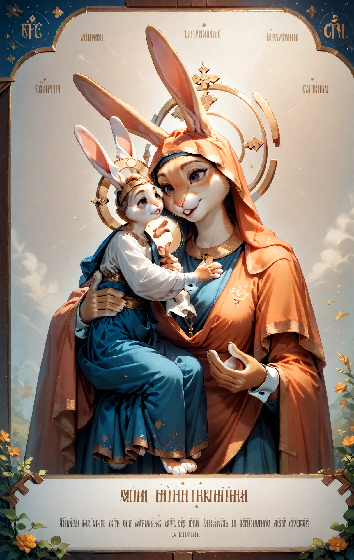 <lora:orthodox-icons_pony_v3:1>  ' ' a orthodox icon created in ,icon \(genre\),eastern orthodox \(style\),,the image is a religious icon featuring a mother and her child, halo <lora:Anthro_Bunny_Mk_2:1> anthro, furry, bunny, animal ears, rabbit ears, female_bunny, score_9, score_6_up, score_7_up