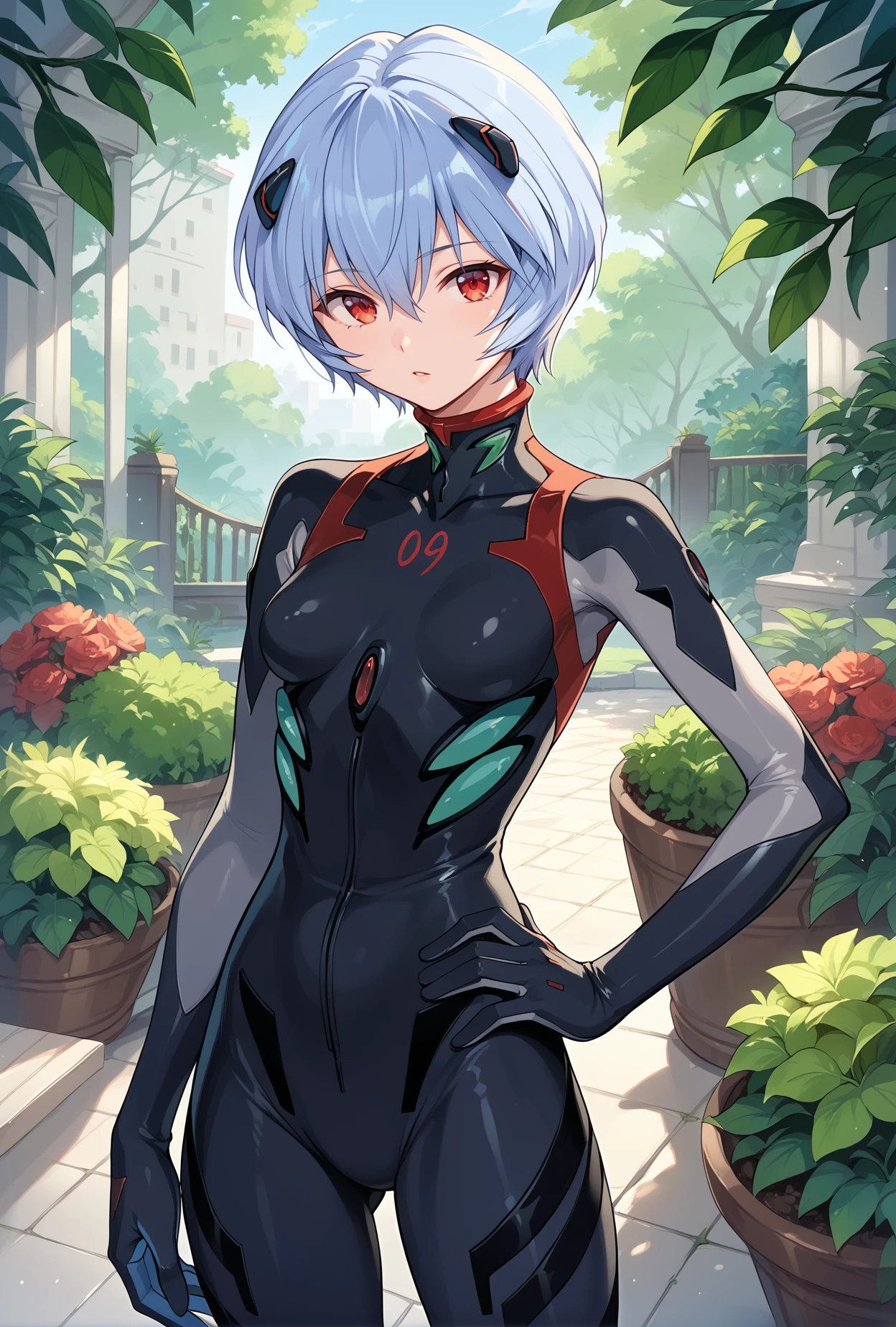 score_9, score_8_up, score_7_up, score_6_up, score_5_up, score_4_up,
ayanami rei, blue hair,red eyes,
evasuit09,plugsuit, black bodysuit,
garden,standing,hand on own hip, arm at side,<lora:Evasuit09XLPony:1>