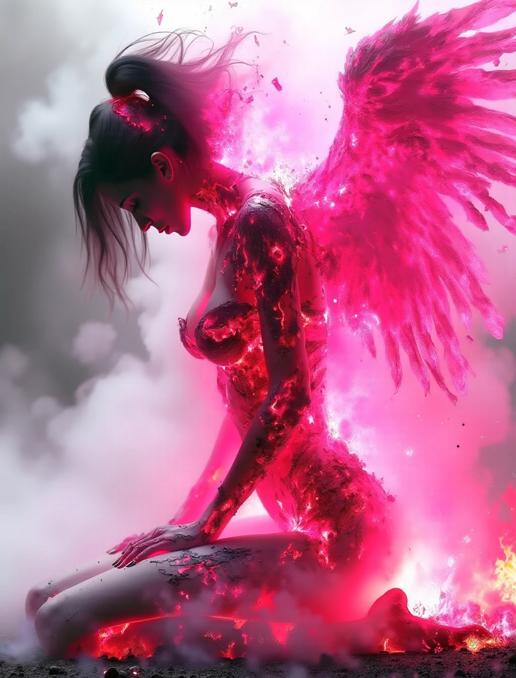 full body view of a female fallen angel disintegrating, wings burning disintegrating, paladin armor shattered turning to dust, pink disintegration, blemeshes, futuristic, hyperrealism, disintegration, burning, turn to ash, kneeling, defeated