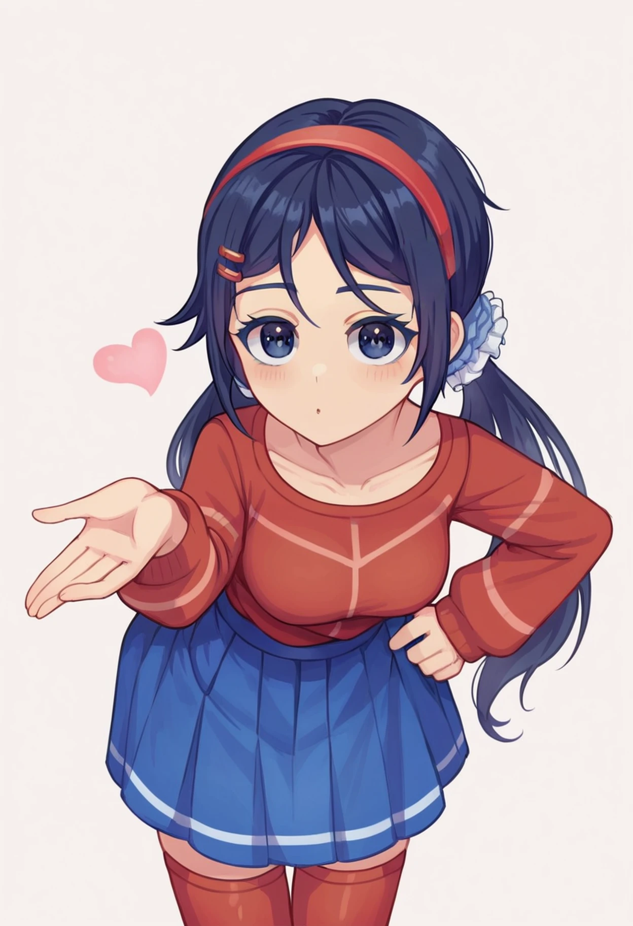 score_9, score_8_up,sharp focus,, absurdres, highres, illustration,

<lora:Mita:0.75> mi_ta, 1girl, dark blue eyes, dark blue hair, braids hair, hairband, scrunchie, barrette pins, leaning forward, hand on hip, blowing kiss, heart, <lora:frieren_blowing_a_kiss_pony:1>

blouse, skirt, red stockings,

white background,