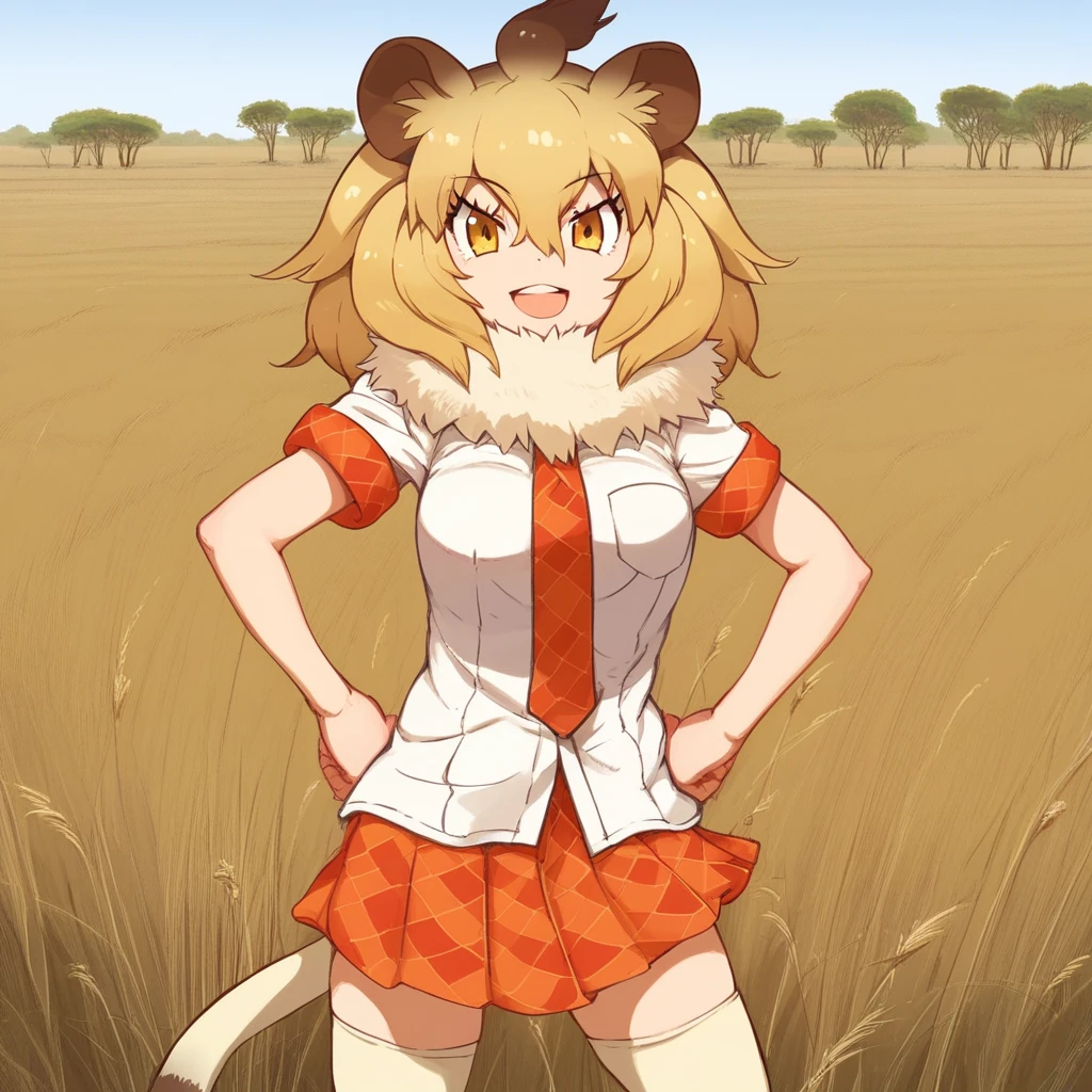 1girl, ((solo)), best quality, ultra-detailed, extremely detailed, perfect anatomy, masterpiece, score_9, score_8_up, score_7_up, lion (kemono friends), blonde hair, animal ears, tail, yellow eyes, long hair, hair between eyes, white shirt, short sleeves, fur collar, red skirt, plaid skirt, red necktie, plaid necktie, thighhighs, breast pocket, white shoes, standing, hands on hips, open mouth smile, cute look, confident look, looking at viewer, happy, posing, outdoors, African savanna background, plains, savanna plains,