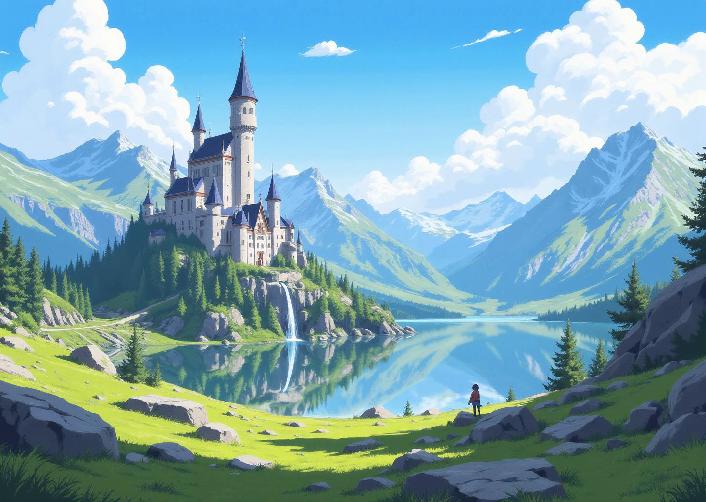<lora:ck-flaani-flux:1> flaani, anime, landscape with castle.