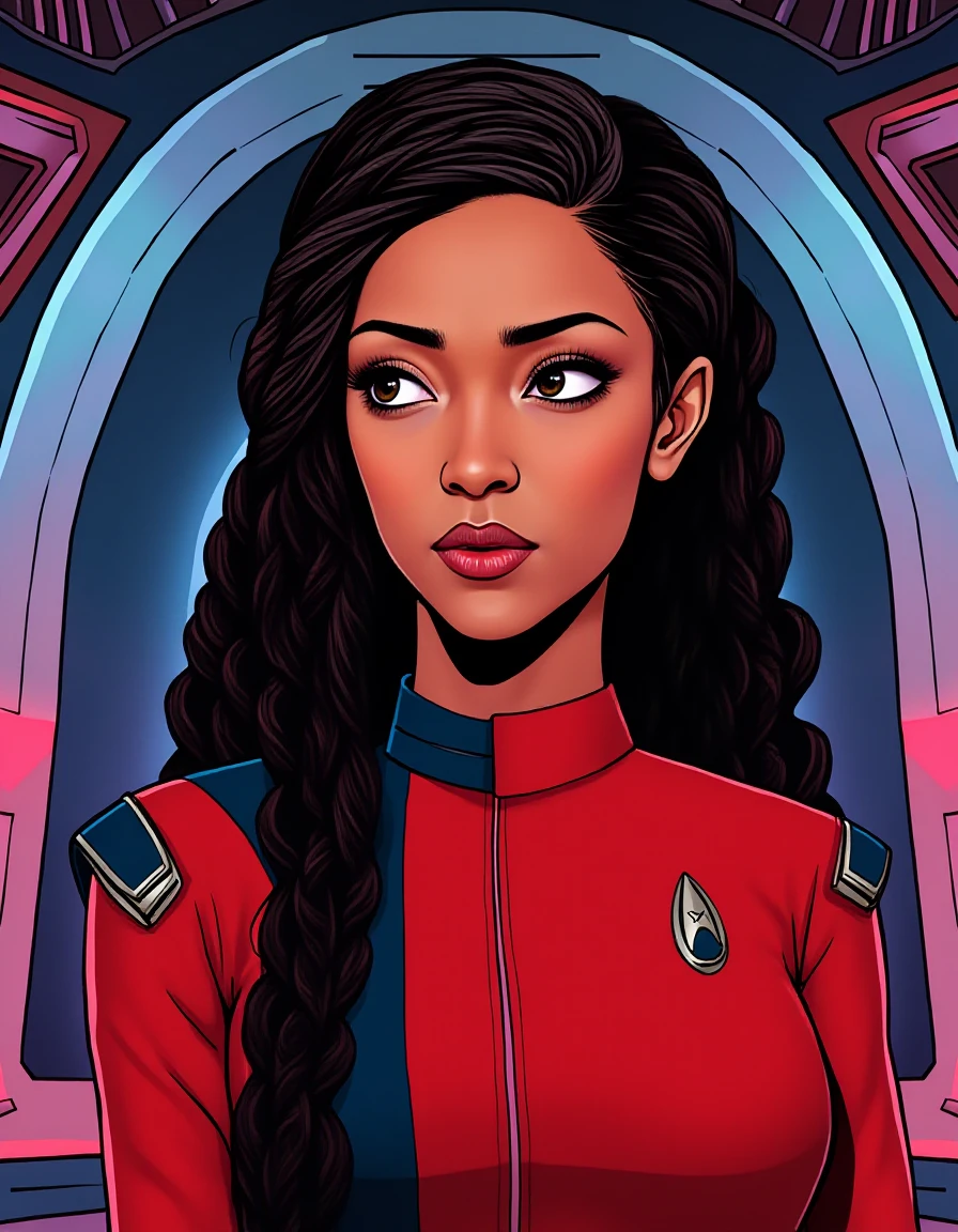 comic comic breathtaking <lora:burnham-flux:1.0> captain, michael, burnham, startrek, discovery, woman, with, shirt, uniform, starfleet red discovery uniform, futuristic background, space-themed imagery,  cartoon, illustration, graphic novela, graphic illustration, comic art, graphic novel art, vibrant, highly detailed . graphic illustration, comic art, graphic novel art, vibrant, highly detailed