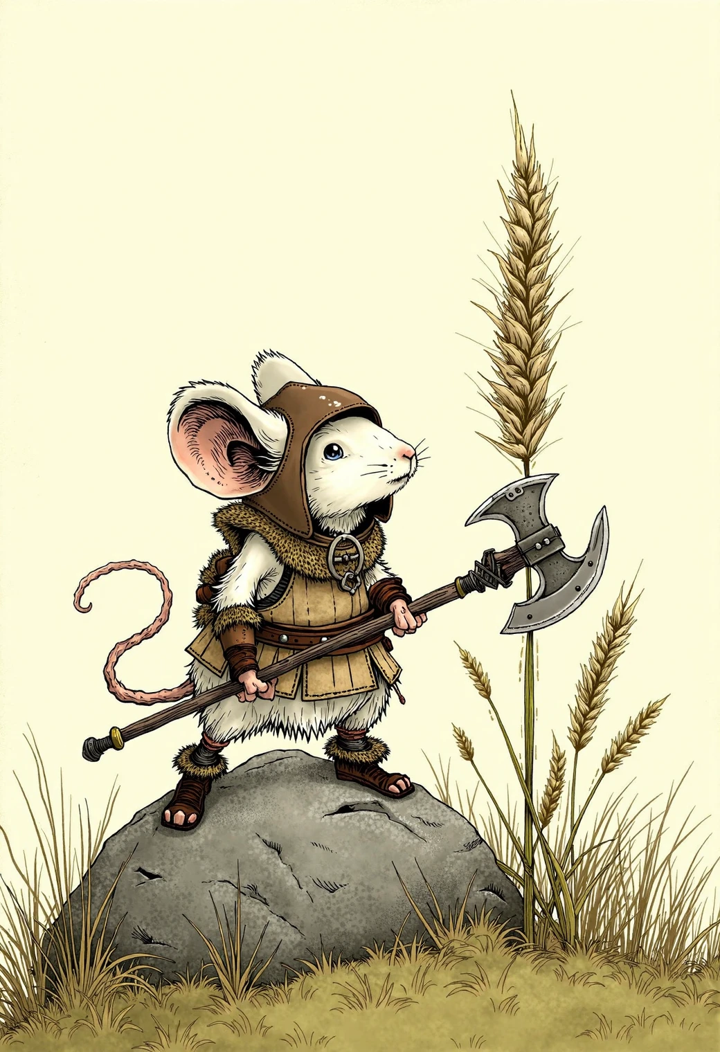 Storybook illustration style with fine line work, muted earthy tones, detailed textures, stylized characters, and soft atmospheric shading, a detailed closeup portrait of a male white mouseguard mouse, in barbarian attire, wielding a double-headed axe crafted from a sharp rock, roaring beside a towering blade of grass in an open field, with a walnut shell helmet and fur-lined boots.
