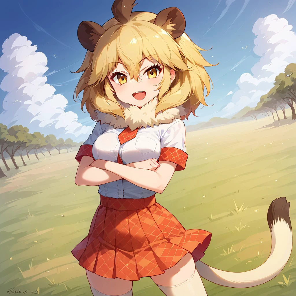 1girl, ((solo)), best quality, ultra-detailed, extremely detailed, perfect anatomy, masterpiece, score_9, score_8_up, score_7_up, Expressiveh, lion (kemono friends), blonde hair, animal ears, tail, yellow eyes, long hair, hair between eyes, white shirt, short sleeves, fur collar, red skirt, plaid skirt, red necktie, plaid necktie, thighhighs, breast pocket, white shoes, standing, open mouth smile, cute look, confident look, looking at viewer, happy, posing, arms folded, arms crossed, outdoors, African savanna background, plains, savanna plains, dutch angle, standing proud, dynamic pose, action pose,