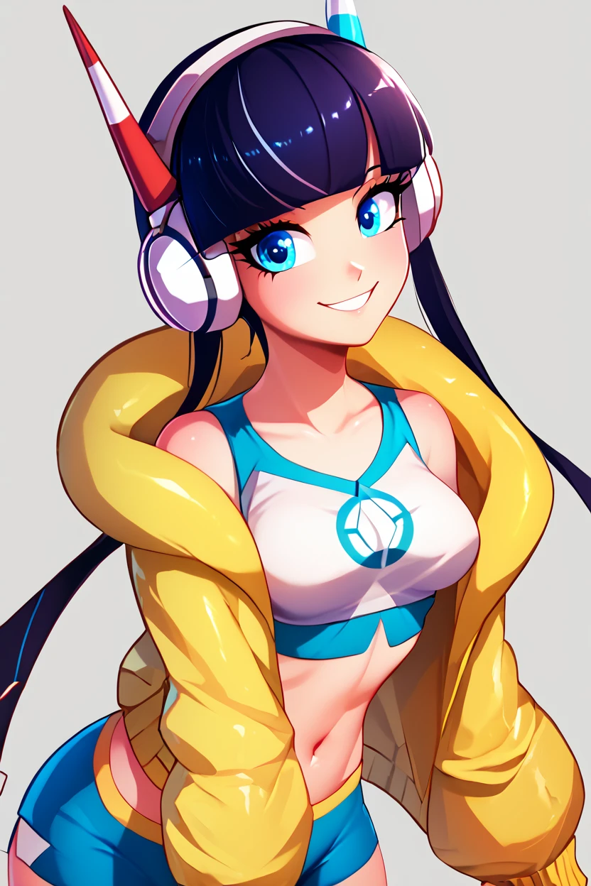 score_9, score_8_up, score_8, medium breasts, (curvy), cute, eyelashes,       BREAK, , bbElesa, black hair, streaked hair, long sidelocks, blunt bangs, headphones, yellow jacket, puffy jacket, crop top, yellow and blue shorts,  <lora:ElesaPokemonPDXL:0.8>,, BREAK, looking at viewer,  smile, upper body, leaning forward, head tilt,  embedding:zPDXL, Expressiveh, <lora:theButcherXPDXL:1.0>, <lora:CatalystStylePDXL:0.6>,  <lora:SDXLFaeTastic2400:0.5>,  <lora:Expressive_H-000001:0.4>,