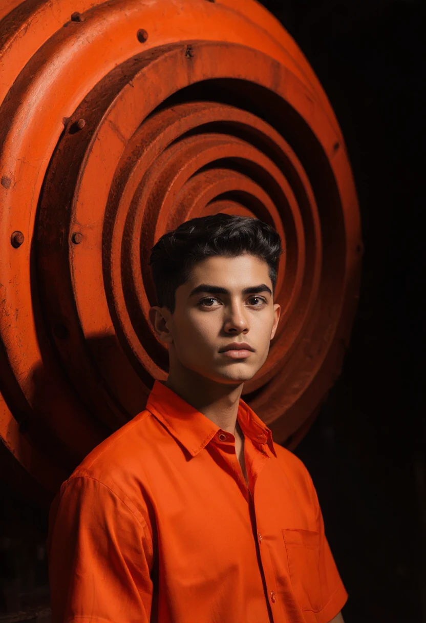 Stylized digital photography, contemporary portrait style, young male model in vivid orange shirt, standing against backdrop of large rusted orange cylindrical machinery with concentric circular patterns. High contrast with shadowy background, focus on texture and color harmony. Gentle lighting emphasizes subject's sharp features and modern attire.