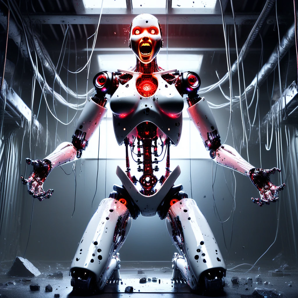 humanoid robot, 1girl, glossy white, damaged, upper body, oil dripping, grease, robot joints, no humans, mechanical parts, solo, glowing red eyes, nose, open mouth, teeth, screaming, glowing, chest cavity with exposed mechanical components, central glowing core, breasts, mechanical arms, arms apart, mechanical hands, open palms, open hands, mechanical fingers, laboratory, cables, wires, thick cables and wires hang from the ceiling, ceiling window, overhead ceiling window casts a dramatic shaft of light onto the robot,