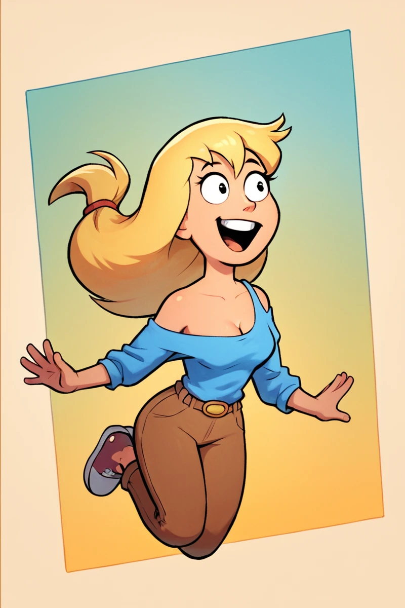 score_9, score_8_up, score_7_up, source_cartoon,
JillianRussell, 1girl, blonde hair, long hair, blue shirt, bare shoulder, cleavage, brown pants, solo,
jumping, jump for joy, fun, happy, abstract background, masterpiece, best quality,
<lora:JillianRussell_PonyXL:0.6>