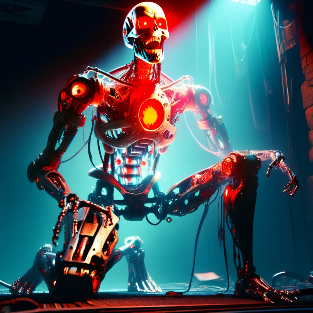 humanoid robot, on one knee, robot joints, full body, mechanical parts, solo, no humans, bald, glowing red eyes, looking away, skull nose, open mouth, teeth, mechanical arms, mechanical hands, open hands, mechanical fingers, mechanical legs, mechanical feet, horror (theme)