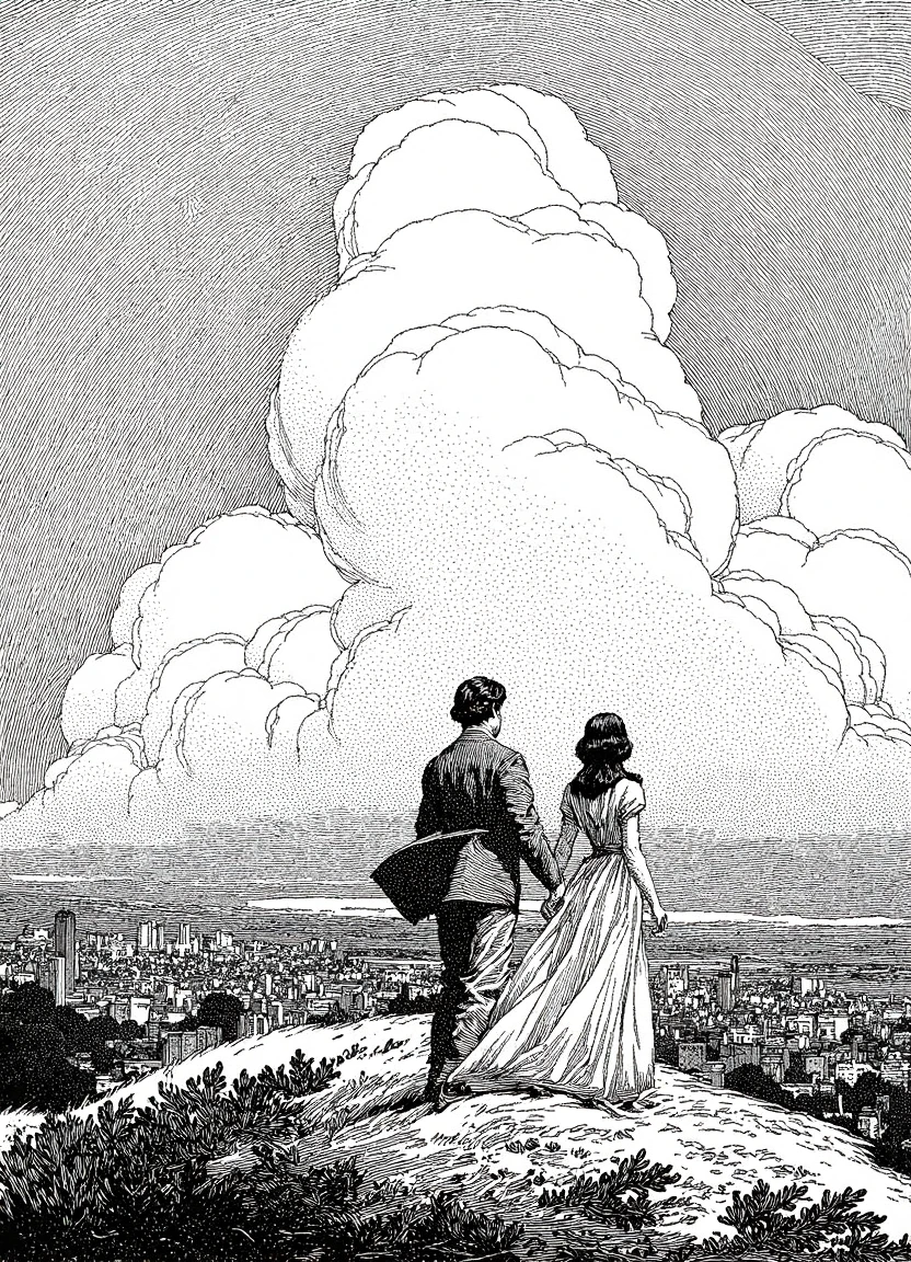 Detailed pen-and-ink illustration by franklin booth of a man and a woman standing together on top of a grassy hill overlooking a city below. There are billowing clouds in the sky.