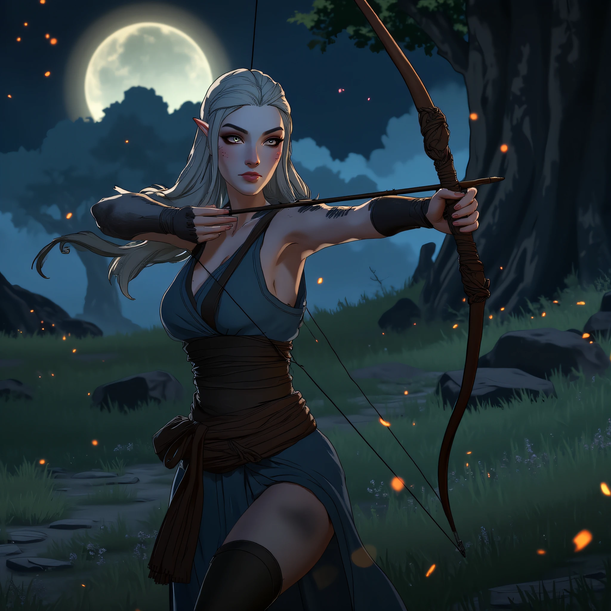 EdoEraAnime, Elf archer in moonlit forest glade. Bioluminescent plants, fairy lights in trees. Intricate bow design, flowing hair, determined expression. Soft ethereal glow, detailed fantasy costume.